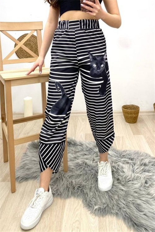 Butik Kadın Pantolon Çizgi Desenli Kedi Baskılı Pantolon modelleri