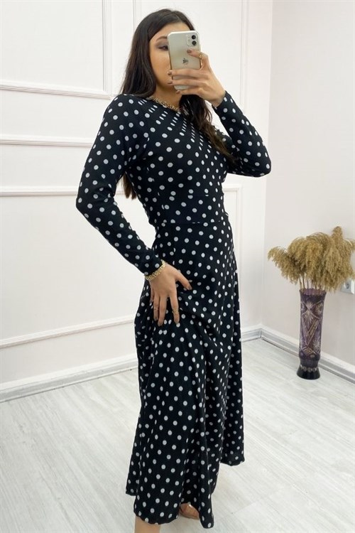 Butik Kadın Elbise Krep Kumaş Uzun Kollu Tam Boy Puantiyeli Elbise 132 Cm modelleri