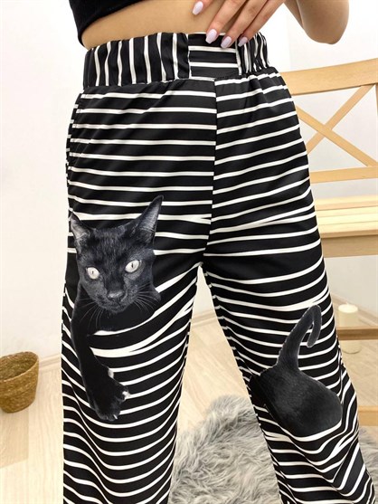 Çizgi Desenli Kedi Baskılı Pantolon