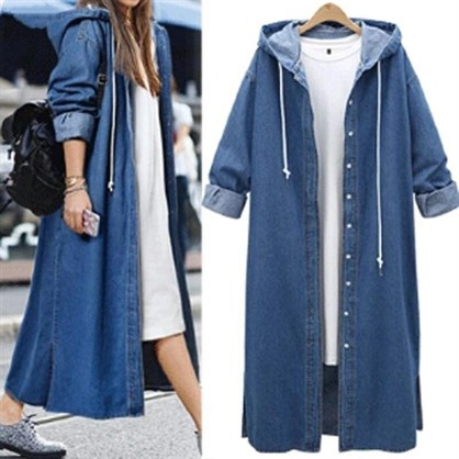 Kadın Mavi Kapşonlu Düğmeli Kot Gömlek Elbise(40 (S) - 42 (M) - 44 (L) - 46 (XL) - 48 (2XL) - 50 (3XL))