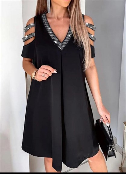 Kadın Siyah Kollar Şerit Detay V Yaka Sandy Kumaş Elbise