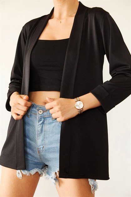 Kadın Siyah Örme Krep Kumaş Mevsimlik Ceket