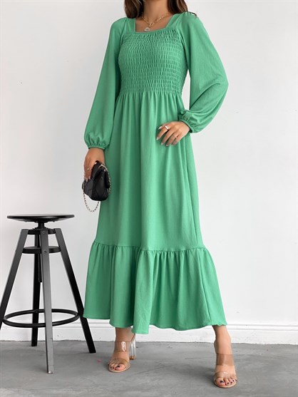 Kadın Yeşil Gipeli Kol Lastikli Maxi Elbise Kemersiz
