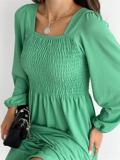 Kadın Yeşil Gipeli Kol Lastikli Maxi Elbise Kemersiz